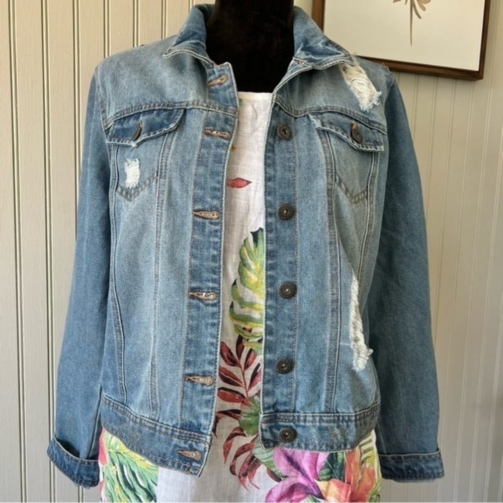 Highway Jean Crop Denim Distressed Gold Glitter Accent Jacket